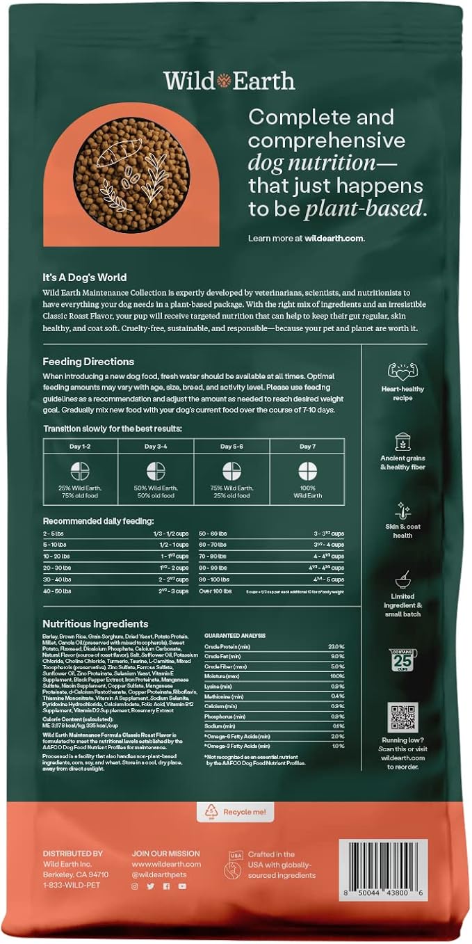 Wild Earth Vegan Dry Dog Food | Plant-Based Maintenance Formula | Vegetarian, Allergy Relief, Veterinarian-Developed for Complete Nutrition | Classic Roast Flavor, 5 Pound Bag