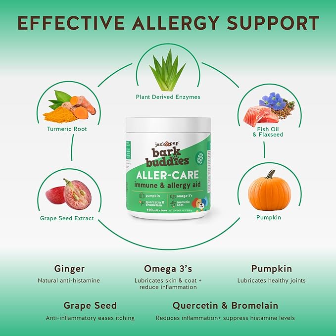Jack&Pup Dog Allergy Chews - Bark Buddies Aller-Care Soft Chew Bites Itch Relief for Dogs & Allergy Support for Dogs - Dog Immune Supplement, Dog Skin Allergies Treatment and Anti Itch for Dogs 120ct