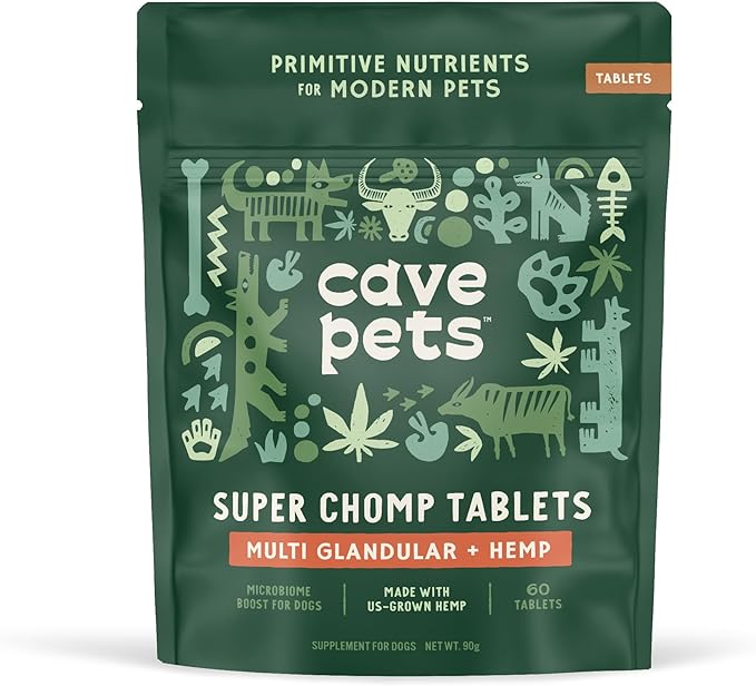 Super Chomp Tablets, Dog Probiotic Supplement for Digestive Health and Natural Relaxation, Multi-Glandular & Hemp
