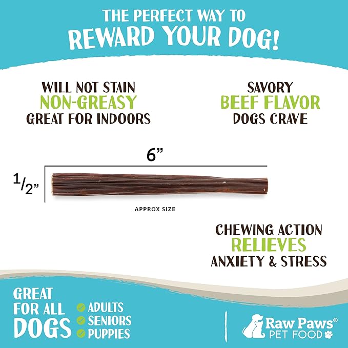 Raw Paws Beef Gullet Sticks for Dogs, 6-inch, 10-ct - Free-Range Cows raised without Antibiotics or Added Hormones - Gullet Sticks for Small Dogs to Large Dogs - Beef Esophagus Dog Treats