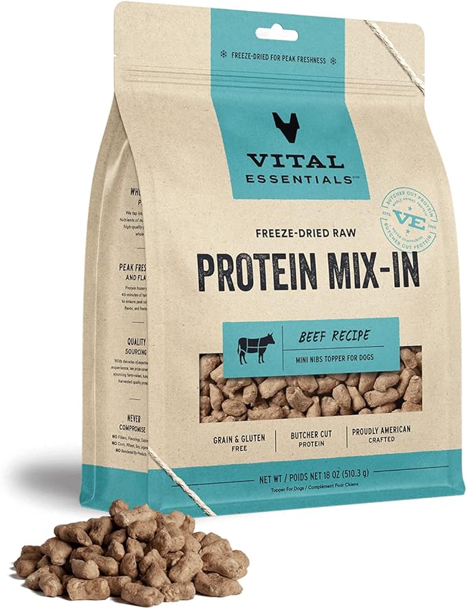 Vital Essentials Freeze Dried Raw Protein Mix-in Dog Food Topper, Beef Mini Nibs Topper for Dogs, 18 oz