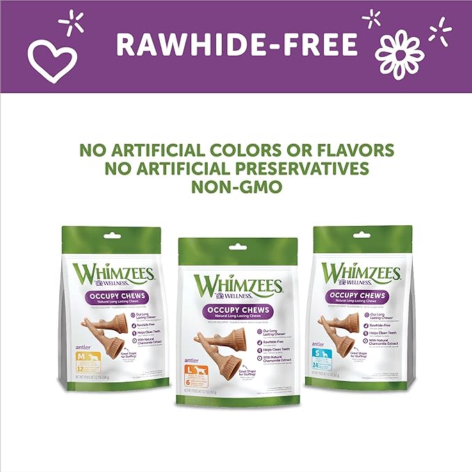 WHIMZEES by Wellness Occupy Antler Natural Dental Chews for Dogs, Long Lasting Treats, Grain-Free, Freshens Breath, Large Breed, 6 count