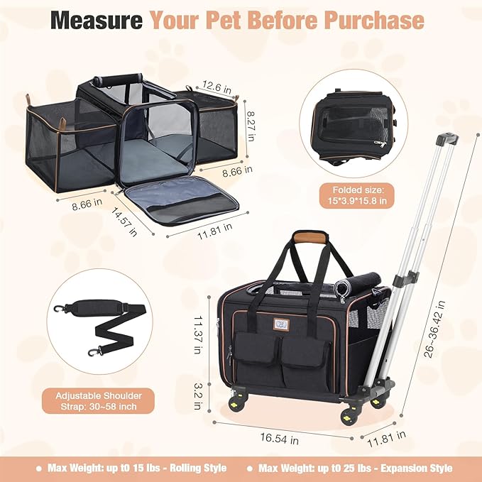 Lekereise Airline Approved Cat Dog Carrier with Wheels Expandable Rolling Pet Carrier for Medium Dogs and Cats Under 15 25LBS, Pet Travel Carrier on Wheels, Black