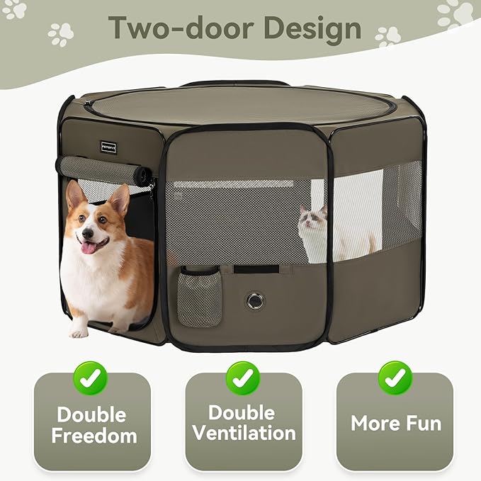 PETSFIT Dog Playpen, 36" Dia Sturdy Foldable Puppy Playpen for Dogs Cats Indoor/Outdoor, Portable Pet Playpen with Carring Case, Removable Mesh Zipper Top and Waterproof Playpen Mat Grey-Black M