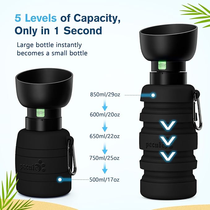 Pecute Dog Water Bottle Portable, 29oz Dog Foldable Water Bottle with Folding Bowl, Carabiner Clip, 5 Levels Capacity, 100% Food Grade Silicone, Dog Water Bottle for Outdoor Walking, Travel (Black)