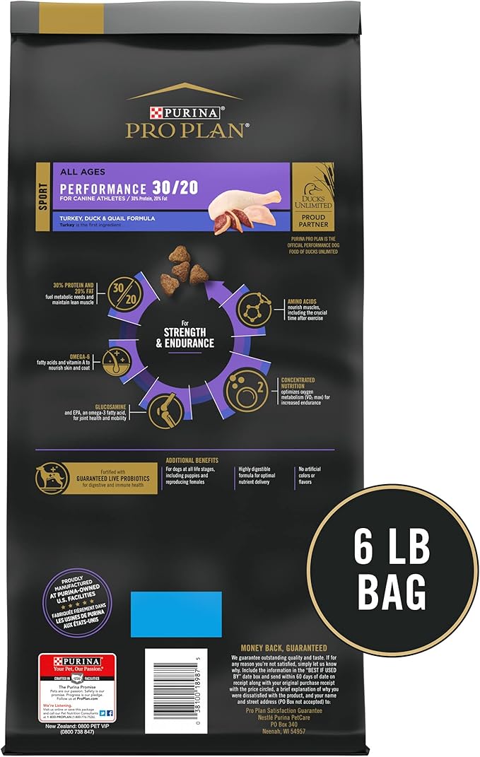 Purina Pro Plan Sport Performance 30/20 Turkey, Duck & Quail Formula Dry Dog Food - 6 lb. Bag