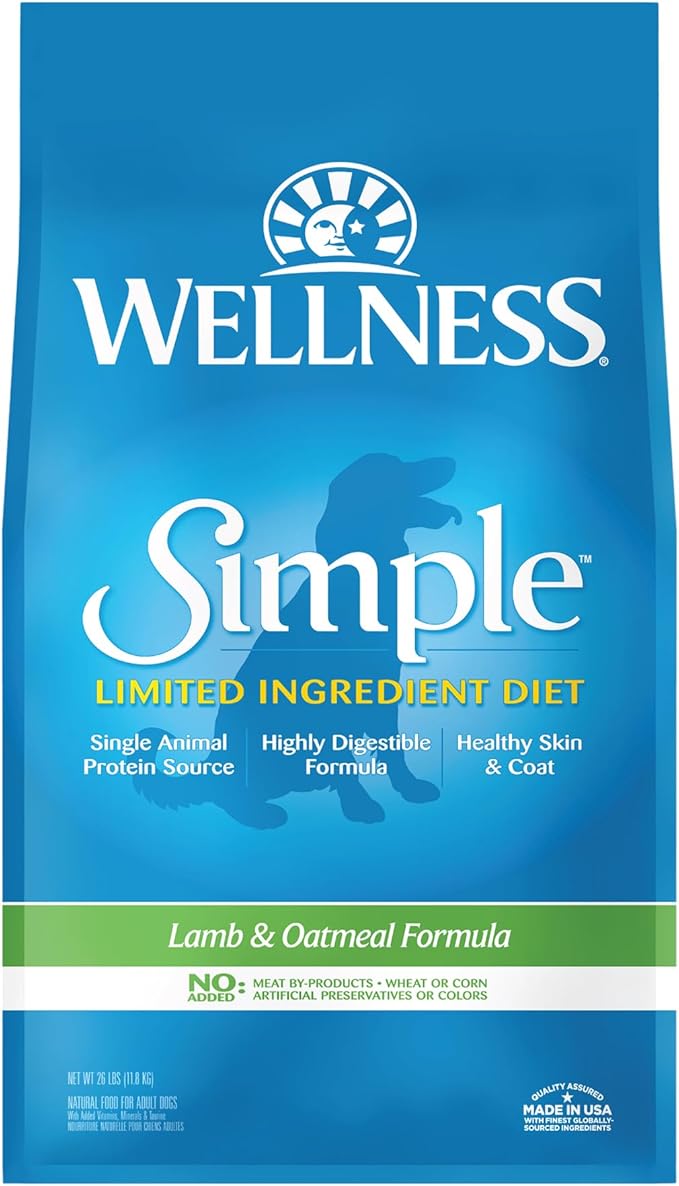 Wellness Simple Natural Limited-Ingredient Grain-Free Dry Dog Food, Easy to Digest for Sensitive Stomachs, Supports Skin & Coat (Lamb and Oatmeal, 26-Pound Bag)