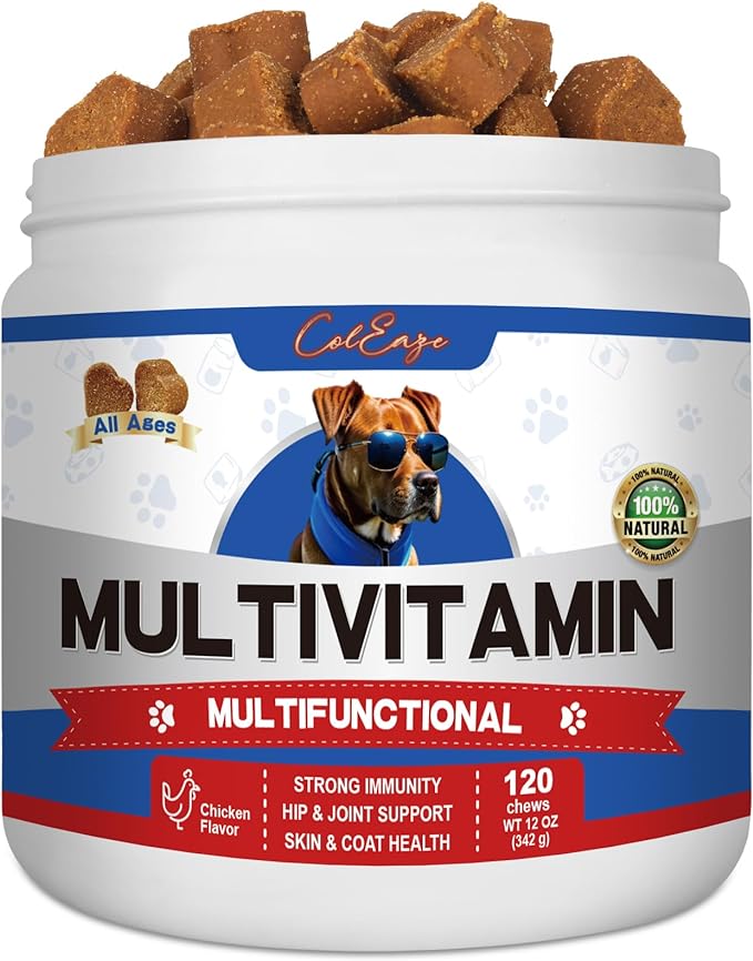 Multivitamin Dog Supplement with Glucosamine, Probiotics, Fish Oil - Promotes Healthy Skin and Coat, Supports Joint Health, Allergy Relief and Digestive Function (Chicken Flavor 120 ct)
