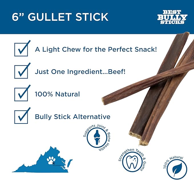 Best Bully Sticks 6 Inch Gullet Thin Stick Dog Treats (25 Pack) - All-Natural Beef Dog Treats - Hollow, Quick Chew Snack for all Dogs - Great for Teething Puppies, Senior Dogs, Light Chewers