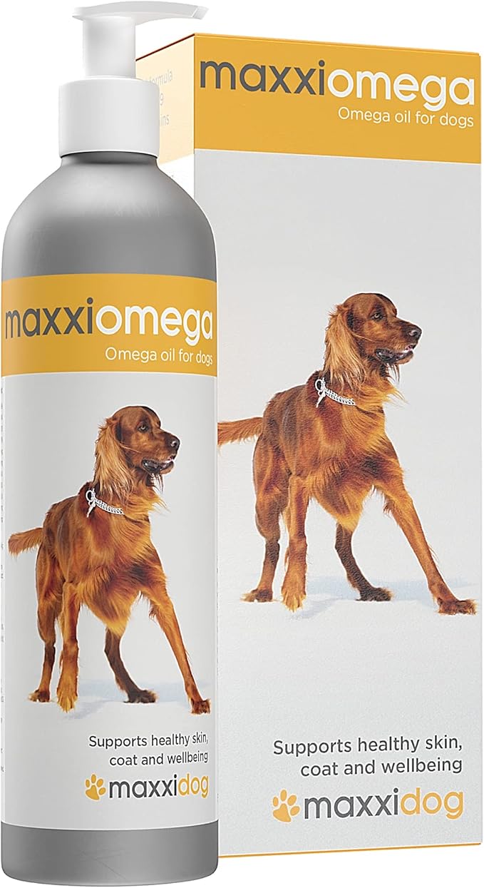 maxxiomega Oil for Dogs - Tasty Omega Supplement for Healthy Skin and Shiny Coat – Easy to Use Pump – Liquid 10 oz
