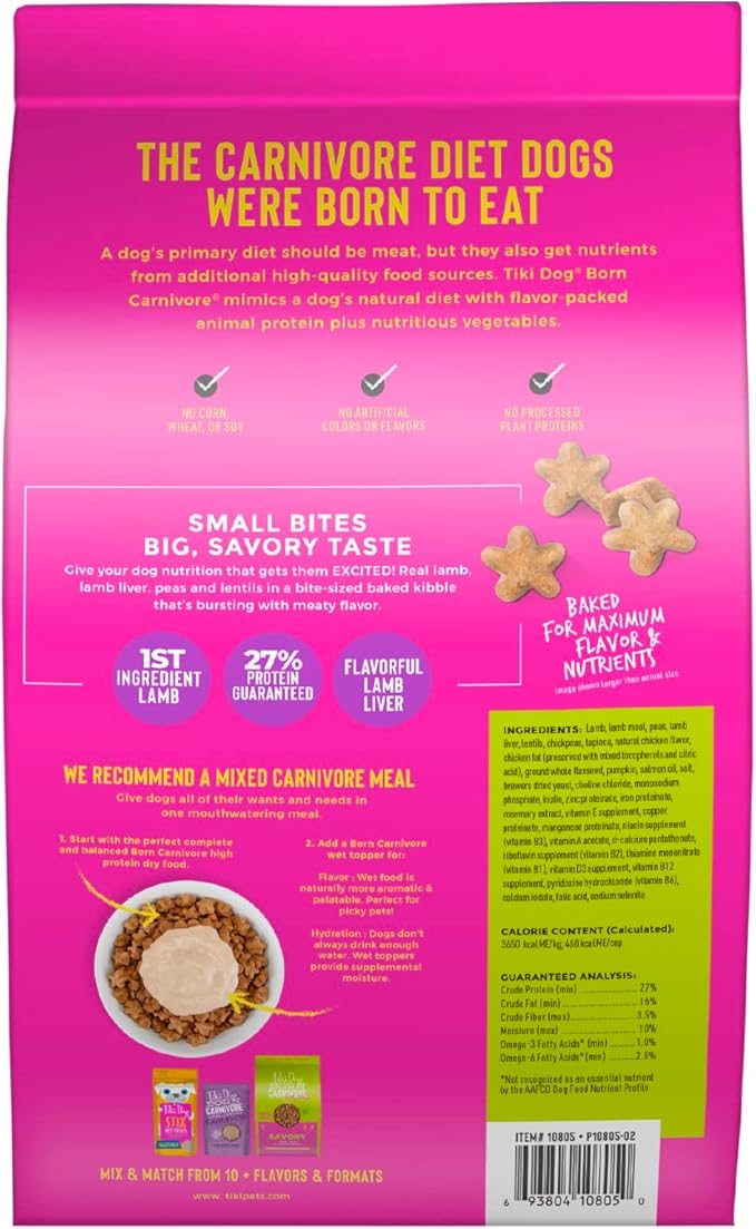 Tiki Dog Born Carnivore for Dogs, Savory Lamb, Peas & Lentils Recipe, Grain Free Baked Kibble for Maximum Nutrition, For Adult Dogs and All Size Breed Dogs, 3.5 lbs. Bag