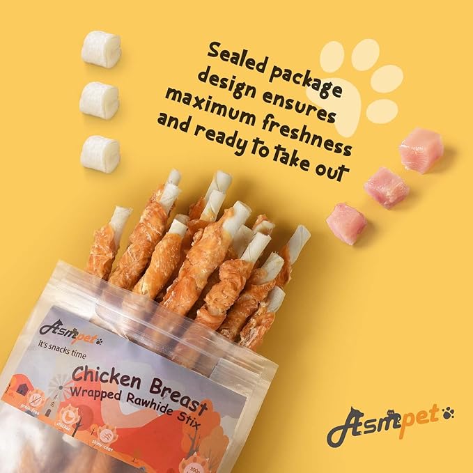 ASMPET Dog Treats Small Dogs, Dog Chews Long Lasting Chicken Wrapped Rawhide Bones Healthy Dog Chew Sticks Natural Dog Treats for Medium Dogs Large Breed Grain Free Snacks, 20Pcs