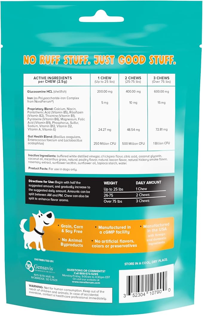 NovaFerrum Bow Wow | 18-in-1 Multifunctional with Iron Supplement for Dogs | Blood Support for Anemia | Glucosamine | Probiotics | Antioxidants | Chicken Flavor | 90 Chews