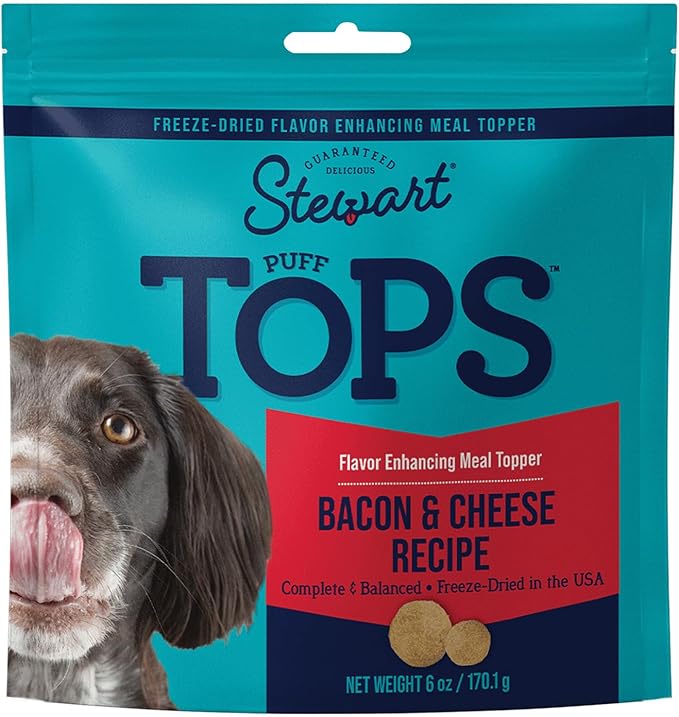 Stewart Freeze Dried Dog Food Topper, PuffTops, Made in USA with Real Bacon, Healthy, Natural, Freeze Dried Dog Treats, Delicious Dog Food Toppers, Bacon and Cheese Recipe, 6 Ounce Resealable Pouch