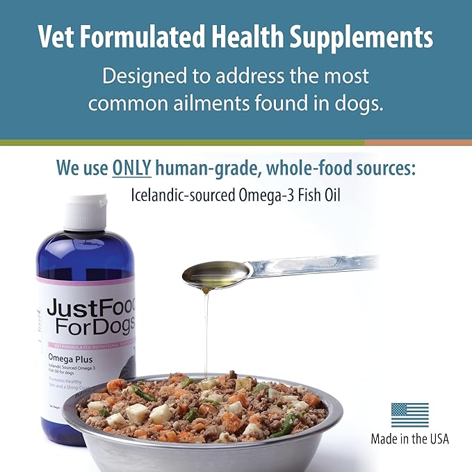 JustFoodForDogs Omega Plus Premium Fish Oil for Dogs Omega 3 Supplement, Liquid, 8 oz