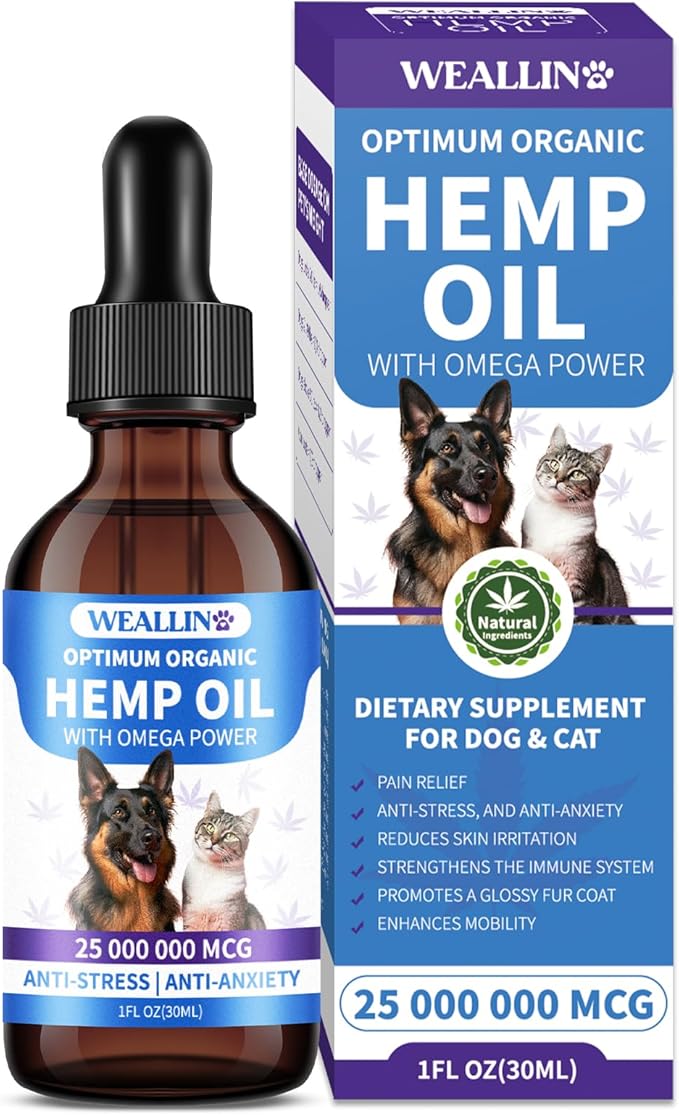 Hemp Oil for Dogs and Cats, rich in Omega 3, 6, 9 and Organic Extract Helps Pets with Anxiety, Pain, Skin and Coat Health, Stress, Hip and Joint Support, Pet's Calming Treat (1 Pack)