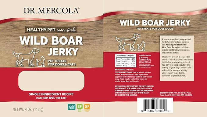 Dr. Mercola Wild Boar Jerky for Dogs and Cats, 4 oz. (113g), Made with Wild Boar, non GMO, Gluten Free, Soy Free