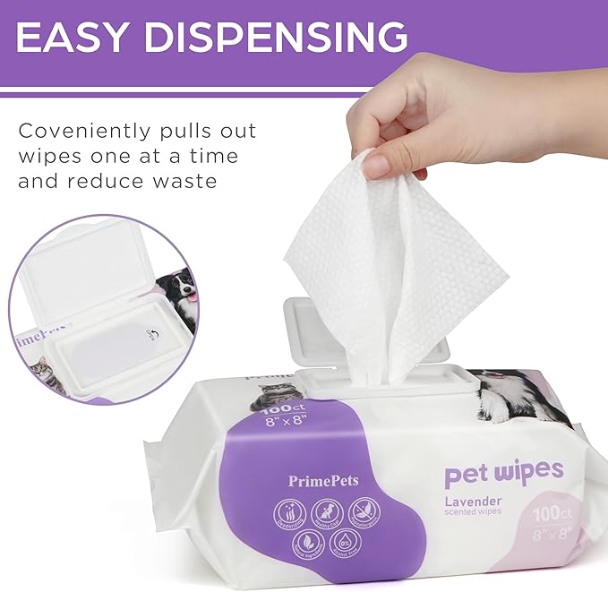 PrimePets Dog Wipes for Paws and Butt, 100 Count, Pet Wipes for Dogs Cats Cleaning Deodorizing, Lavender Scented, Extra Thick Puppy Wipes for Sensitive Skin, Grooming for Bums, Face and Body