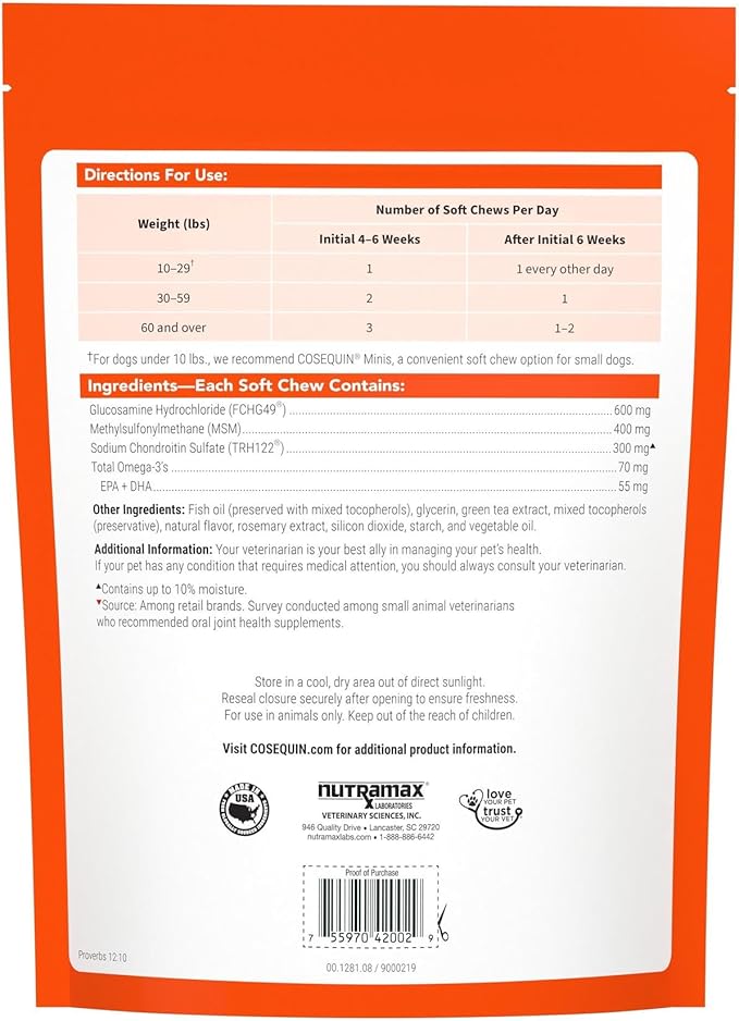 Cosequin Joint Health Supplement for Dogs - With Glucosamine, Chondroitin, MSM, and Omega-3's, 120 Soft Chews