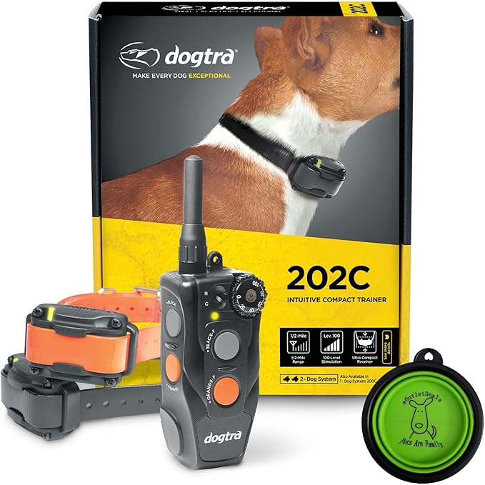 Dogtra E-Collar 200C / 202C Dog Training Collar System with Remote – 1/2 Mile Range, 1-2 Dog System - Rechargeable, Waterproof, Ergonomic - includes eOutletdeals Pet Travel Bowl (2 Dog System - 202C)