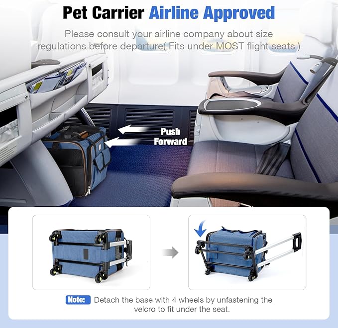 Lekereise Airline Approved Cat Dog Carrier with Wheels Expandable Rolling Pet Carrier for Medium Dogs and Cats Under 15 25LBS, Pet Travel Carrier on Wheels, Blue