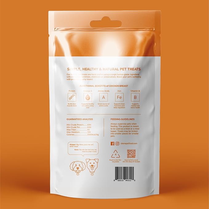 Skona Single-Ingredient Chicken Breast Jerky Treats (4oz) | Dogs & Cats | Lean Protein, Hypoallergenic, Dental Care | Ideal Training, USA Made