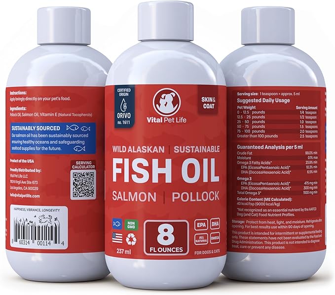 Fish Oil for Dogs - Healthy Skin & Coat, Salmon, Pollock, All Natural Supplement for Pets, Itching Scratching Allergy & Inflammation Defense, Omega 3 EPA DHA, Brain & Heart Health, 8 oz
