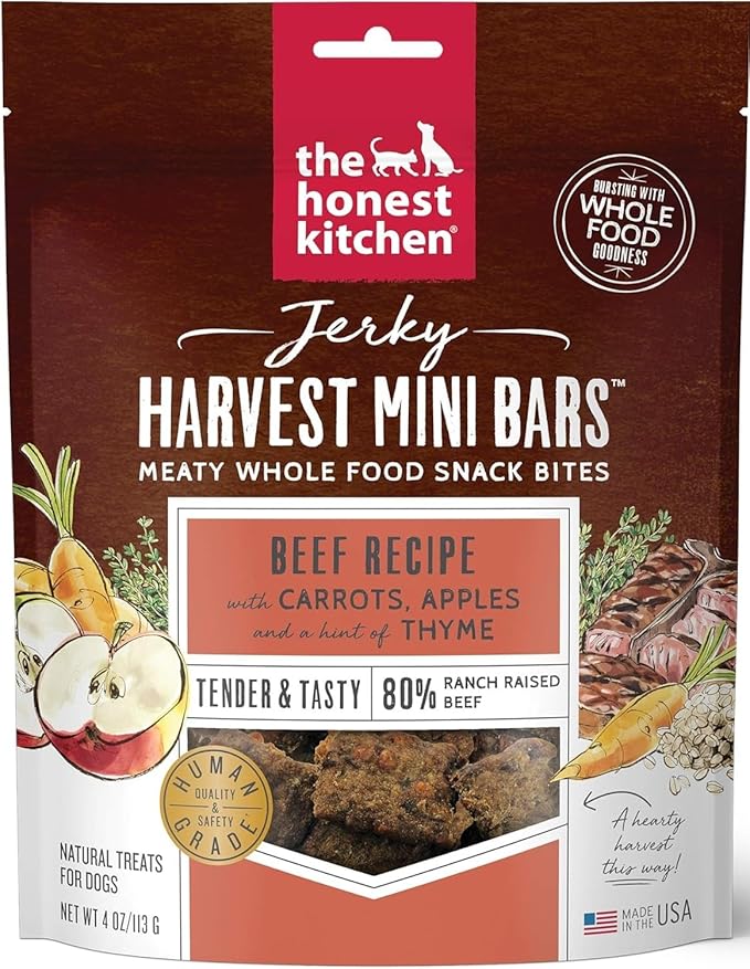 Variety Pack (2) Honest Kitchen Jerky Harvest Mini Bars Dog Treats (4-oz Bags) with AuroraPet Wipes