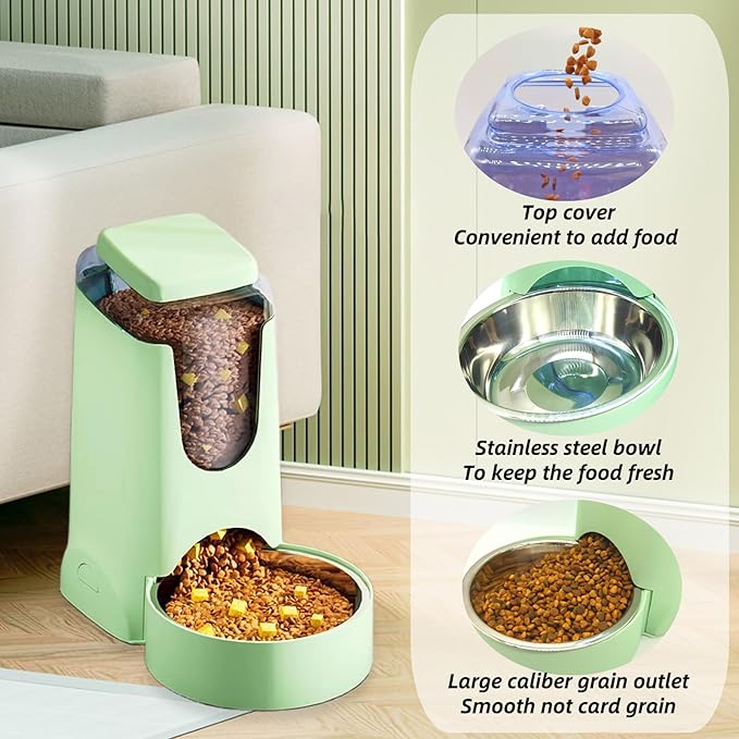 Hamiledyi Gravity Dog Feeder 2.8L Pets Automatic Food Dispenser with Stainless Steel Bowl for Puppy Cat Rabbit Large capacity (Light green)