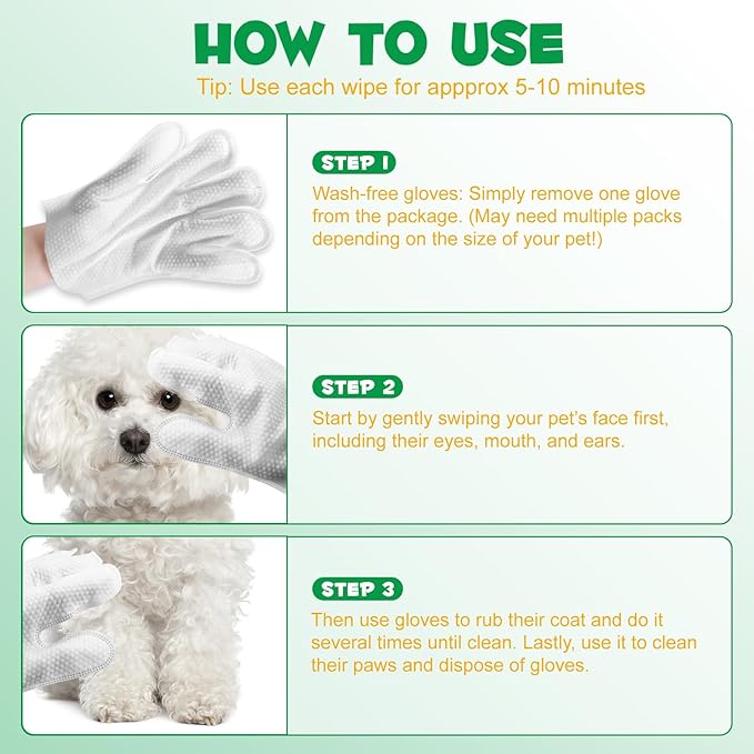Cleaning Gloves for Dog and Cats,8PCS,Cleaner Wipes Fur Pet For Ears, Face, Paws, Coat and Skin,Nourish Fur Coconut Oil Grooming Cleaner Wipes Pet Bathing Gloves Wipes for Daily Care and Traveling