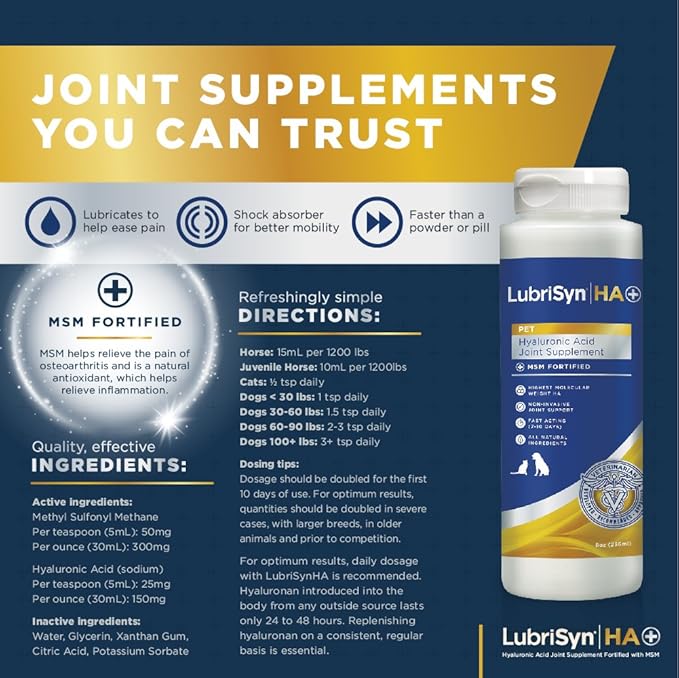 Lubrisyn Hyaluronic Acid + MSM Joints Supplement, 8oz: Natural Pure HA Liquid Dog and Cat Joint & Cartilage Support, Relief and Lubrication for Pets Including Dogs, Cats and Horses, Vegan Formula