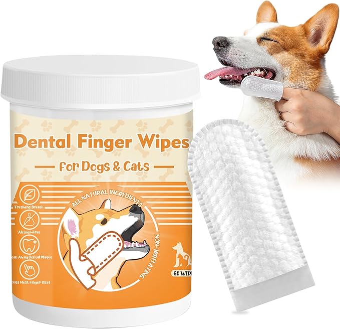 Dog Teeth Cleaning Wipes for Dogs & Cats 60 Counts, Dog Dental Finger Wipes Remove Bad Breath, Dog Tooth Brushing Kit Wipes Reducing Tartar Buildup & Gum Care Pet Dog Teeth Wipes