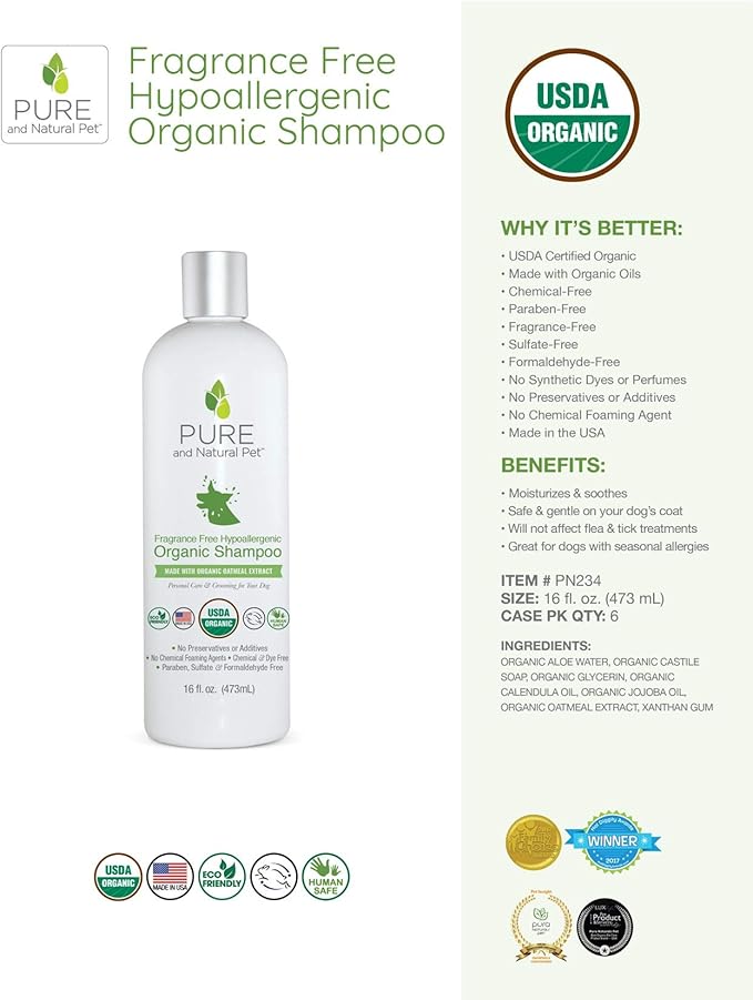 Pure and Natural Pet USDA Certified Organic Fragrance Free Hypoallergenic Shampoo (Fragrance Free) 16 oz.