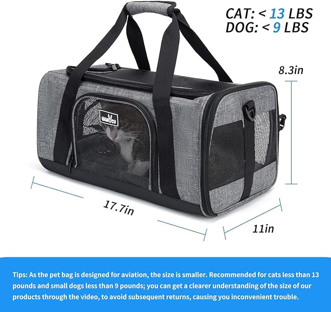 TSA Approved Pet Carrier for Small Cats Dogs, Travel Bag with Adequate Ventilation, 5 Mesh Windows, 3 Entrance, Locking Safety Zippers, Padded Shoulder and Carrying Strap, Small