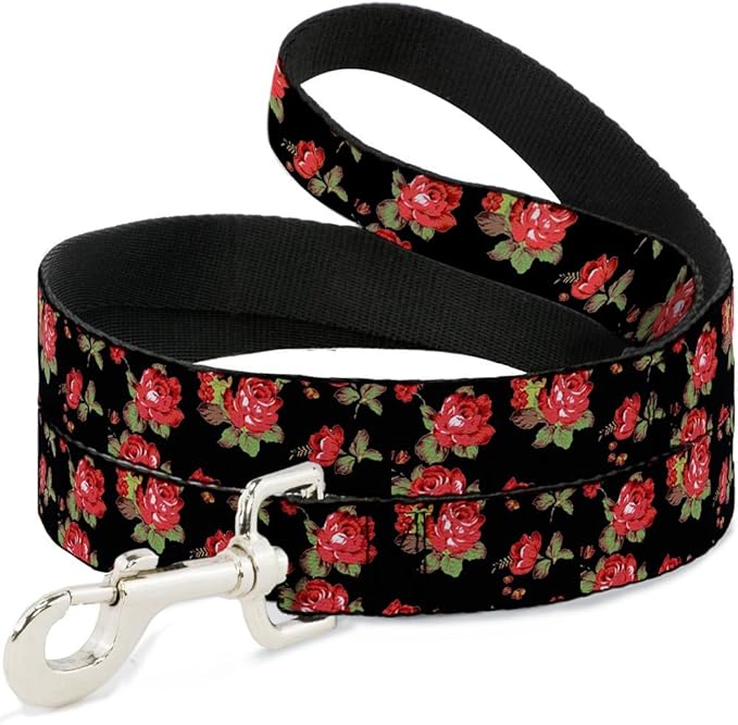 Buckle-Down Dog Leash Red Roses Scattered Black 6 Feet Long 1.0 Inch Wide, Multicolor (DL-6FT-W31852)