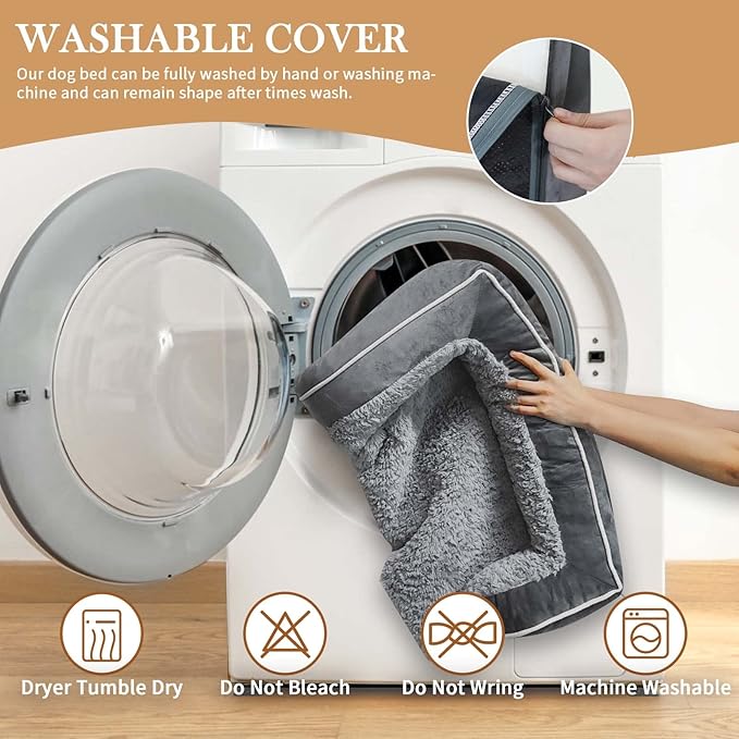 Waterproof Orthopedic Foam Dog Beds for Extra Large Dogs, XL Dog Bed with Bolster, Washable Dog Bed Sofa Pet Bed with Removable Cover & Non-Slip Bottom(X-large,Grey)