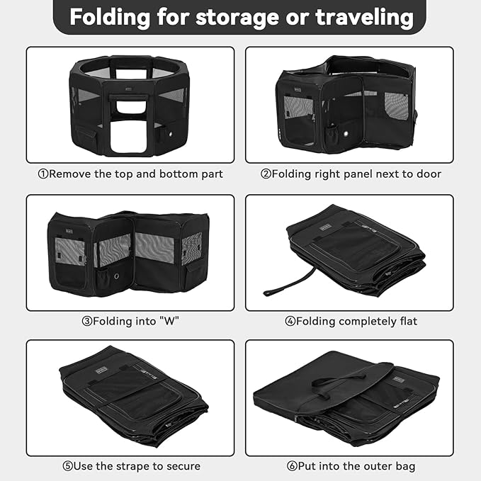 PETSFIT Dog Playpen, 36" Sturdy Pop Up Dog Kennel Foldable Dog Pen Indoor Outdoor Puppy Playpen for Medium Dogs Cats with Traveling Bag Zipper Sealed Removable Mesh Top Leakproof Bottom Mat Black M