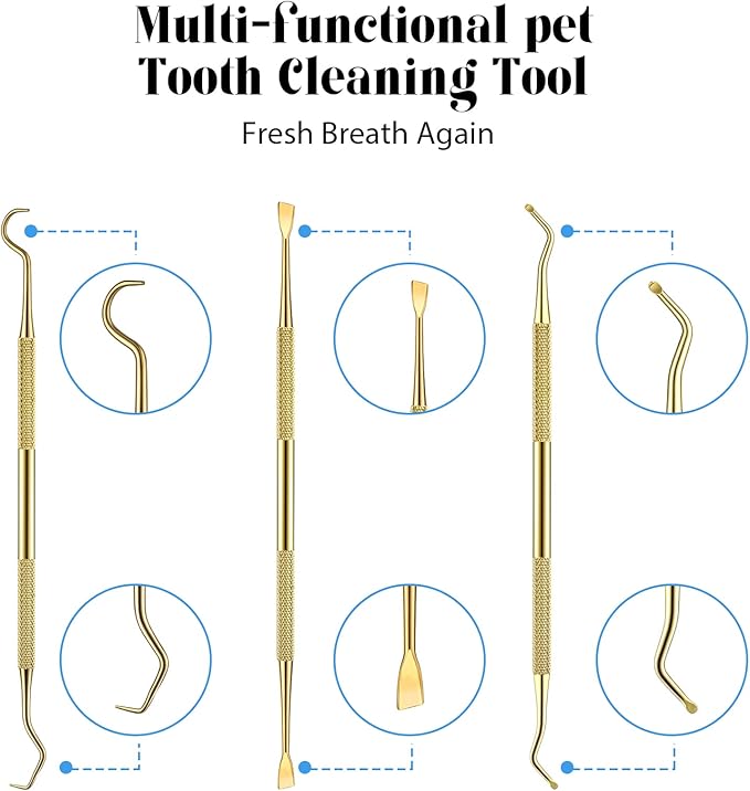 Hotop 3 Pieces Dog Dental Tooth Scaler and Scraper Stainless Double Headed Tarter Remover Scraper Pet Teeth Cleaning Tools for Dog and Cat (Gold)