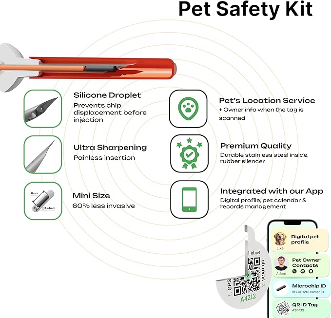 1 Pack 1.4x8 mm Microchip for Dogs Kit with QR Code Id Pet Tag - Free Lifetime Registration - Implant International standard - ISO 11784/5 for Puppy, Kitten & Cats