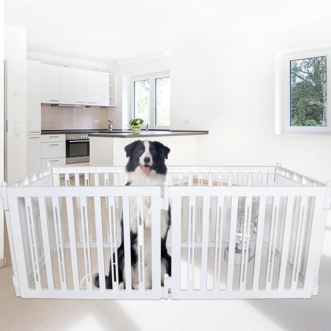 RIZZARI Foldable Plastic Dog Playpen, 6 Panels Pet Fence with Doors for Small Cats and Dogs, Portable Pet Barrier for Indoor and Outdoor, Easy to Assemble (Six panels with door)