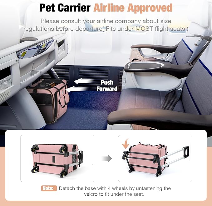 Lekereise Airline Approved Cat Dog Carrier with Wheels Expandable Rolling Pet Carrier for Medium Dogs and Cats Under 15 25LBS, Pet Travel Carrier on Wheels, Pink