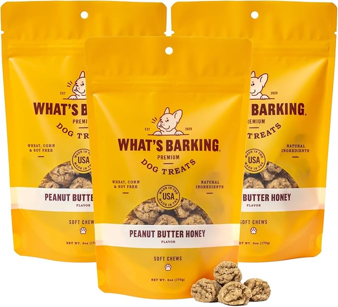 What's Barking Peanut Butter Honey Soft Chews - Premium Chewy Dog Treats, Natural Ingredients, No Wheat, Made in USA - 6 oz (Pack of 3)