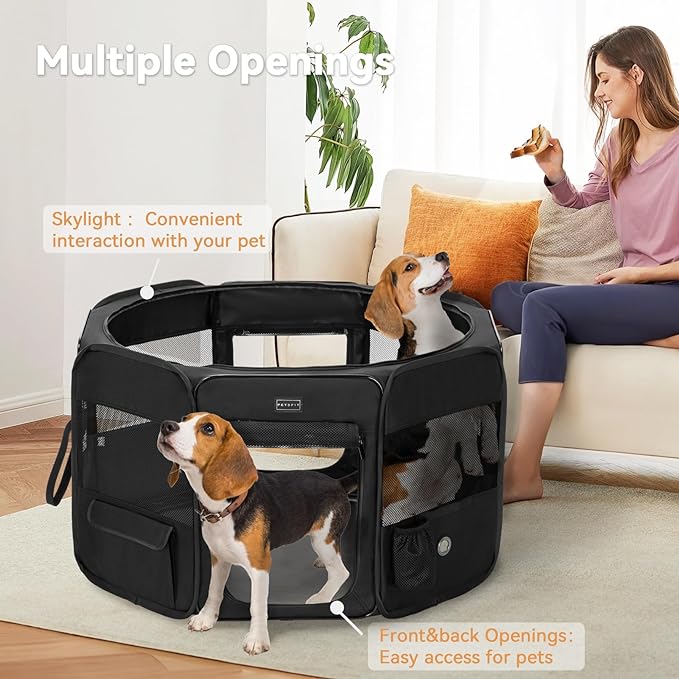 PETSFIT Dog Playpen, 36" Sturdy Pop Up Dog Kennel Foldable Dog Pen Indoor Outdoor Puppy Playpen for Medium Dogs Cats with Traveling Bag Zipper Sealed Removable Mesh Top Leakproof Bottom Mat Black M