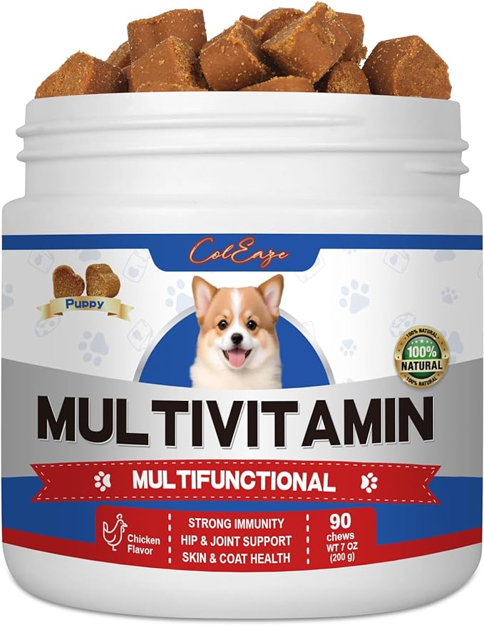 Multivitamin Dog Supplement with Glucosamine, Probiotics, Fish Oil - Promotes Healthy Skin and Coat, Supports Joint Health, Allergy Relief and Digestive Function (Chicken Flavor 90 Ct)