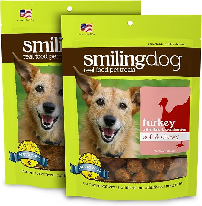 Herbsmith Smiling Dog Treats - Soft and Chewy Dog Treats for Senior Dogs - Dog Training Treats Turkey, Flax, and Cranberry Treats for Dogs - Bundle of 2