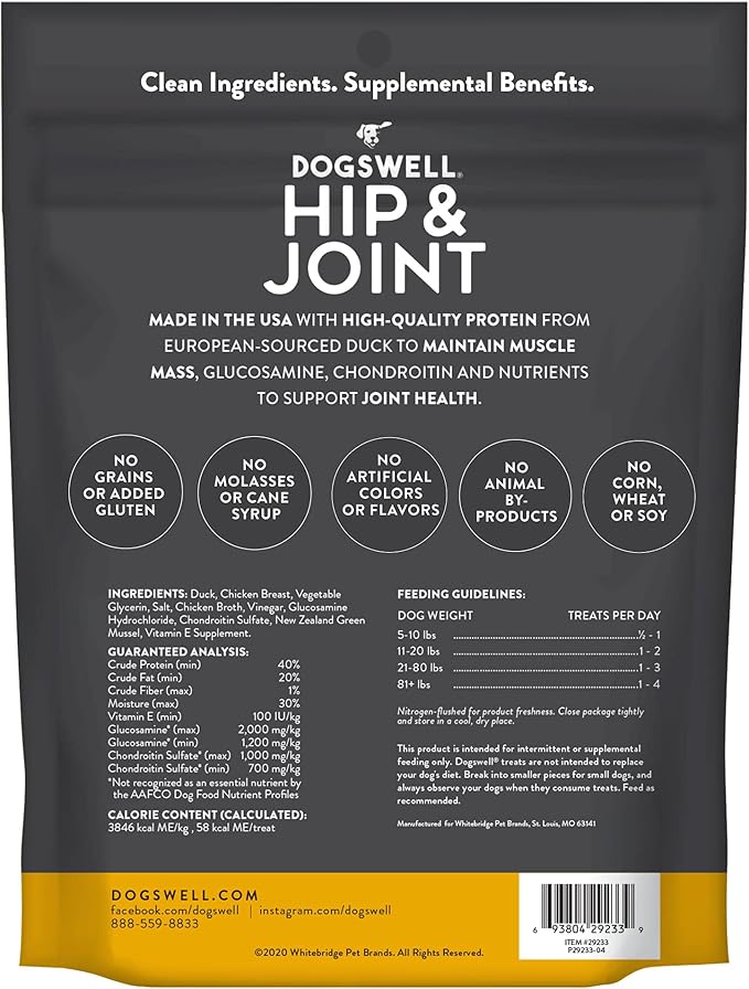 DOGSWELL Jerky Hip and Joint Dog Treats Grain Free Made in USA Only, Glucosamine and Chondroitin, 10 oz Duck (842194)