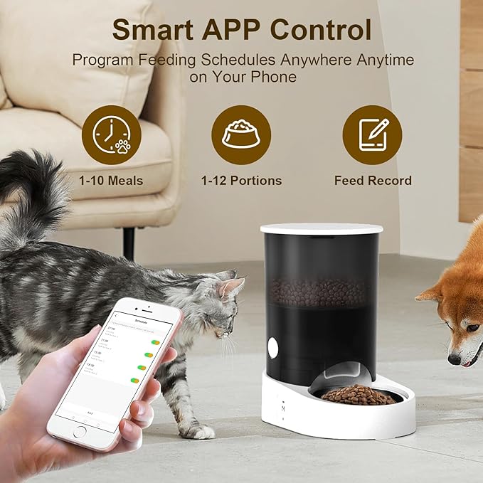 Automatic Cat Feeder, 2.4/5GHz WiFi Automatic Dog Feeder Rechargeable Battery-Operated, APP Control Smart 4L Cat Food Dispenser with 1-10 Meals for Cats and Dogs, Dual Power and Support Alexa