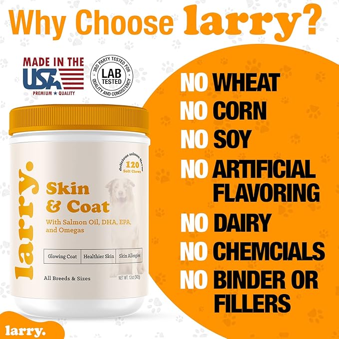 Salmon Oil for Dogs Skin and Coat by Larry | Dog Supplements for Itchy Skin & Allergy Relief | Omega 3, 4, DHA, & EPA for Skin, Coat, Bone, & Joint Health | for All Breeds & Sizes, (120 Soft Chews)
