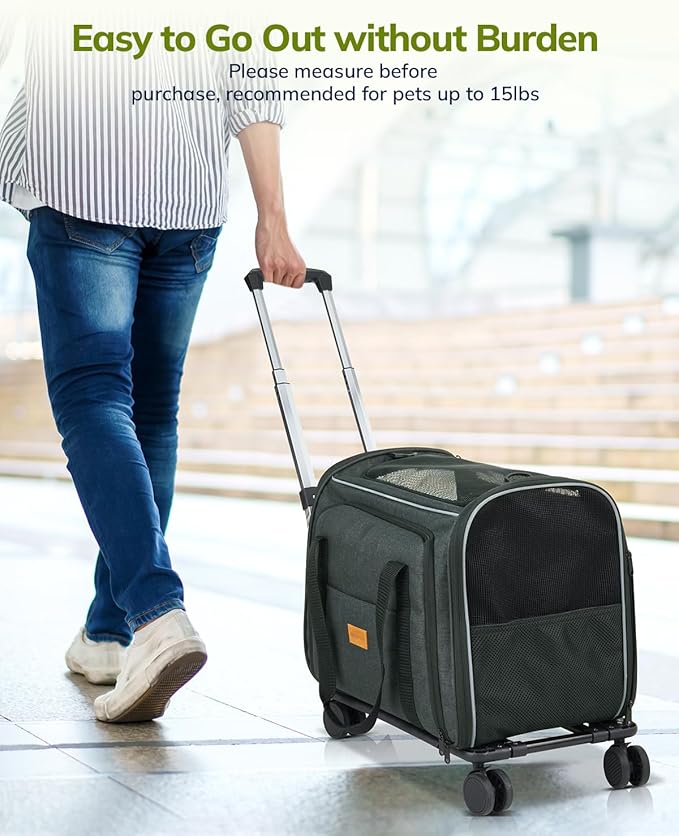 Morpilot Cat Carrier with Wheels - Cat Carrier Soft & Expandable, Rolling Dog & Cat Carrier for Medium Cats and Dogs Under 15LBS, Pet Carrier with Wheels on Upgraded Wheels and Telescopic Handle