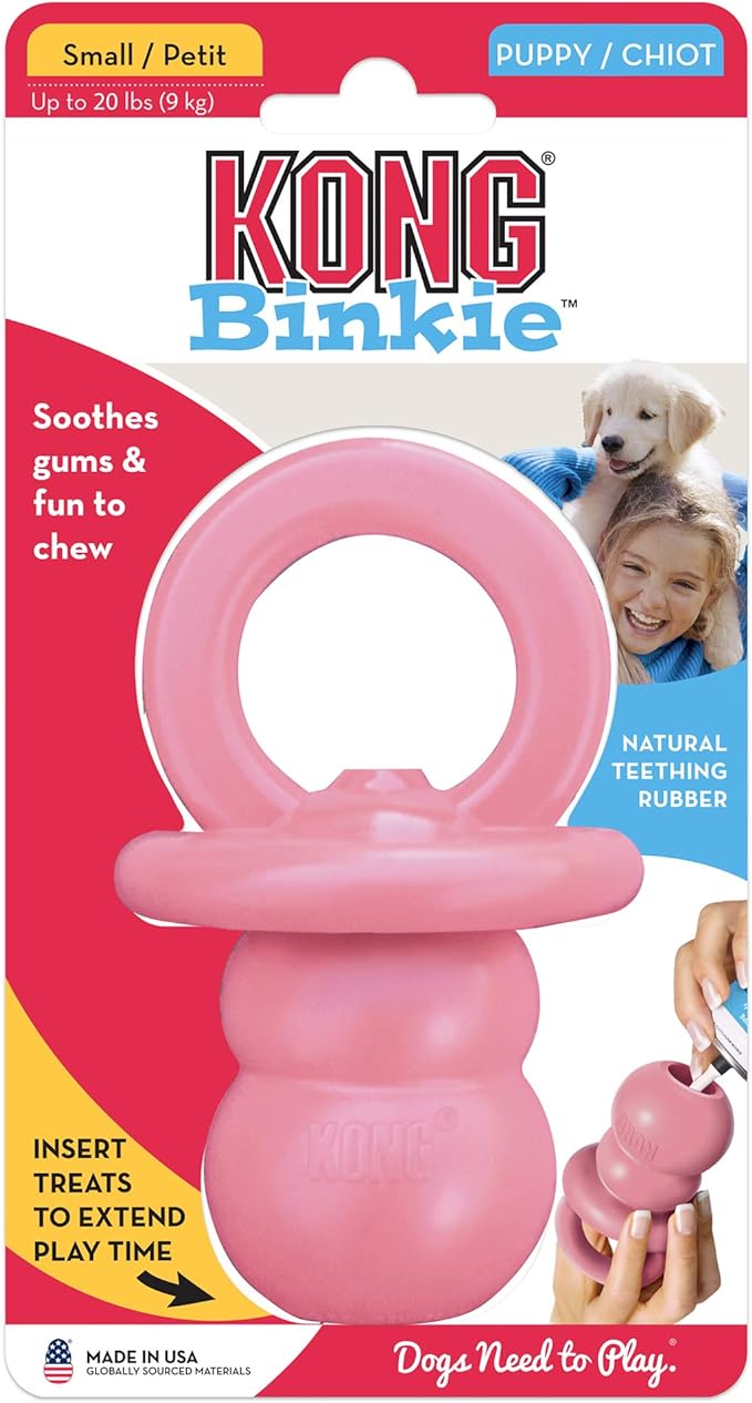 KONG Puppy Binkie - Pacifier Dog Toy for Puppies - Stuffable Chew Toy for Puppy Playtime - Durable Natural Rubber Dog Treat Toy for Teething Puppy - for Small Puppies - Pink